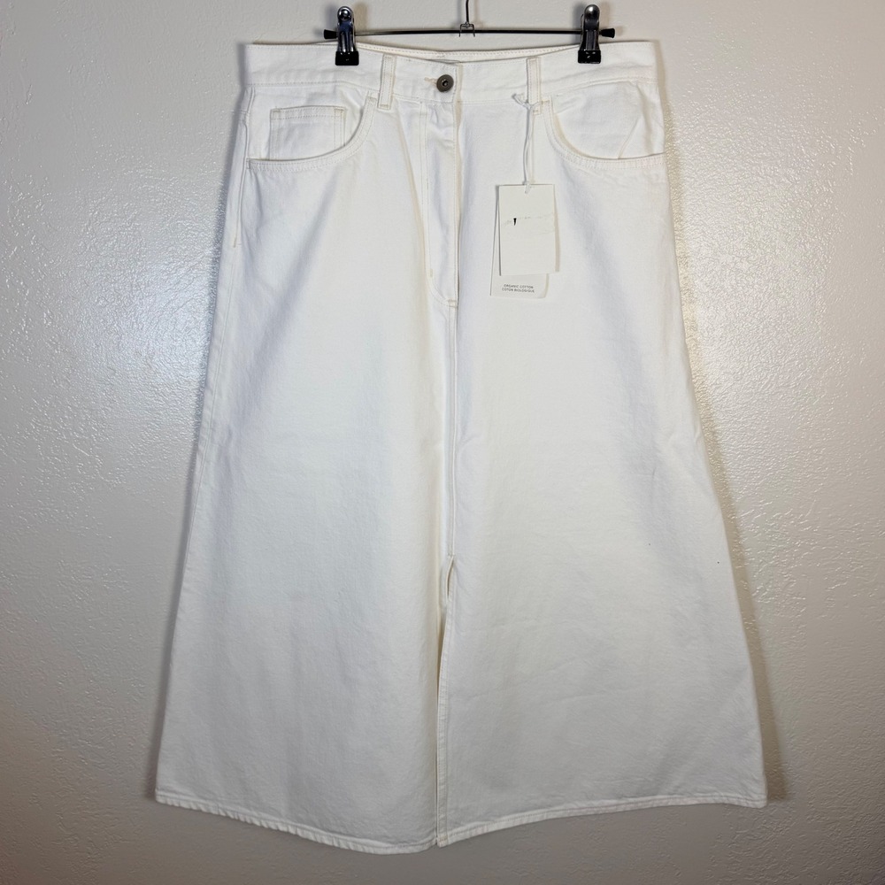 NEW COS Women's 12 Organic Cotton Denim Midi Skirt Cream High Waist Minimalist